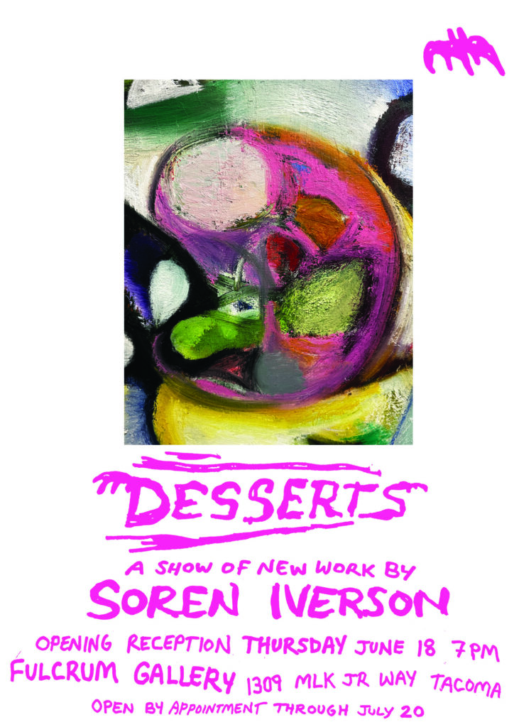 A show poster featuring a colorful abstract oil painting with hot pink writing describing the show.